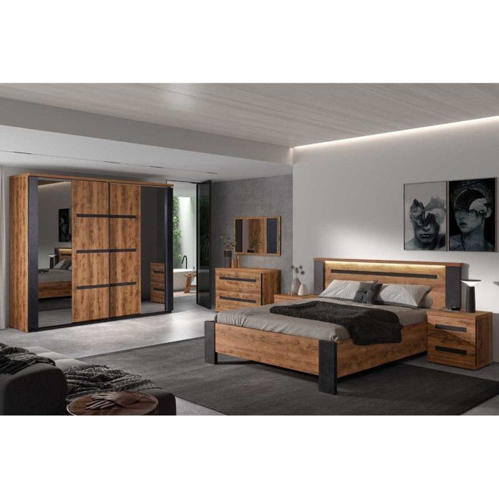 Chambre complète (140*190) Bois Tropical à Leds - HADES n°1 - L 182 x l 211 x H 104