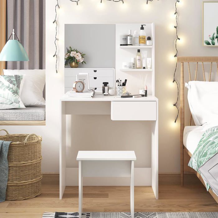 Coiffeuse Avec Miroir, Meuble De Maquillage Avec Tiroir Et étagères De Rangement, 3 Modes De