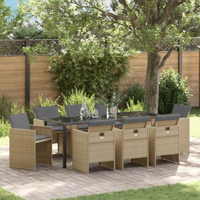 vidaXL Ensemble de Repas de Jardin 9 Pièces avec Coussins Beige Rattan Poly 3380616