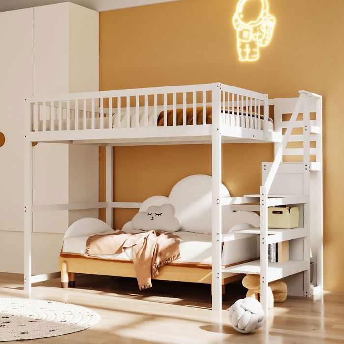 Lit Mezzanine 140x200cm avec Armoire et Escalier - lit double - Étagères Bois Massif Blanc Sécurité Gain de Place