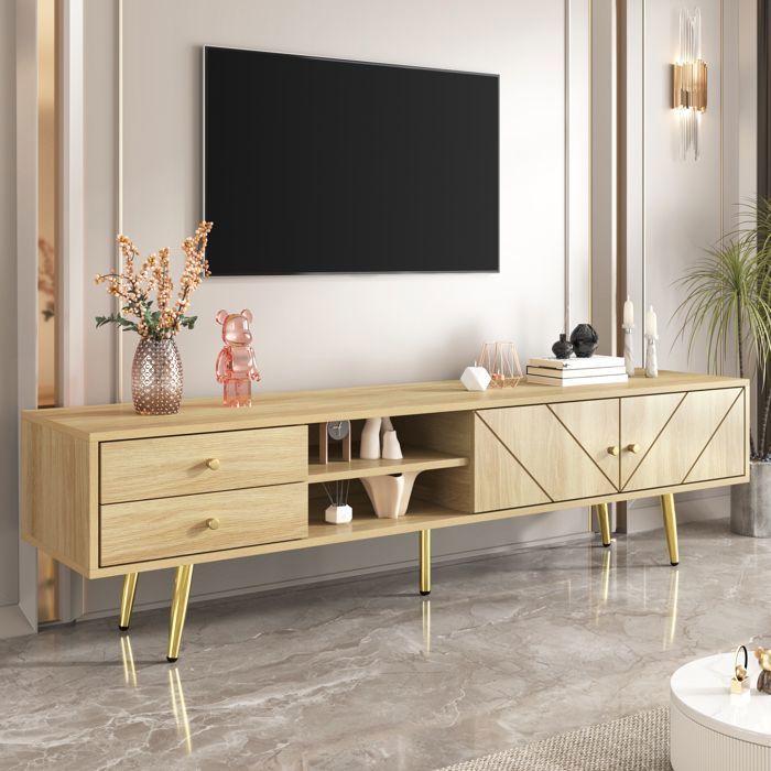 Meuble TV Moderne Armoire TV en Bois avec Pieds Métalliques Dorés 2Tiroirs et 2 Portes Espace de Rangement 160 x 42 x 36 cm