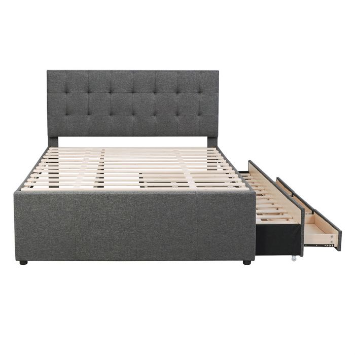 Lit double 140x200 rembourré en lin gris avec 3 tiroirs - 2 places capacité 200 kg