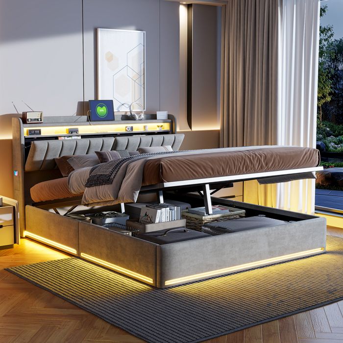 Structure de lit - SUNFECILI - 140x200 cm - Velours gris - LED - 2 places