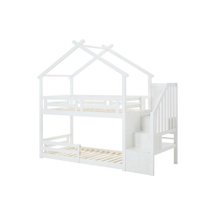 Lit superposé cabane 90 x 190 cm - Pin et MDF - Blanc - TALETY
