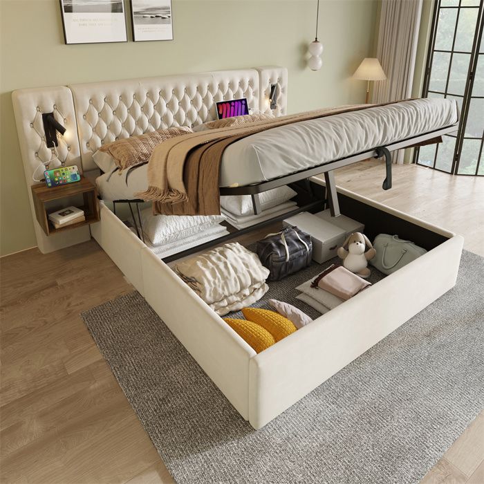Lit rembourré coffre 180x200 cm velours beige avec 2 tables de chevet et liseuse — sans matelas