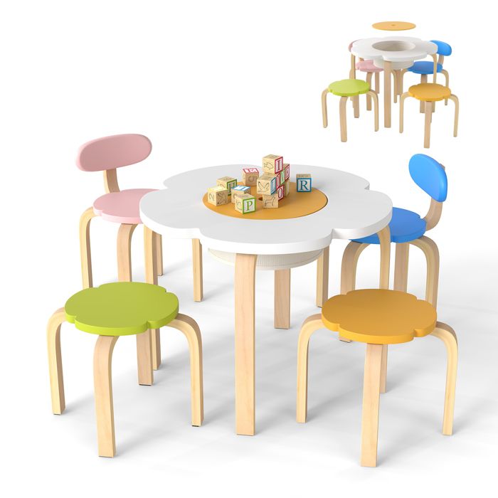 GOPLUS Ensemble Table et Chaises pour Enfants 5PCS Table en Forme de Fleur avec Rangement 2 Chaises&2 Tabourets Pieds en Bois