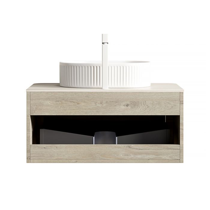 Lavabo de salle de bain RAMI 80cm flottant avec lavabo ovale blanc plaque en travertine-frittage armoire en bois encliné à bords