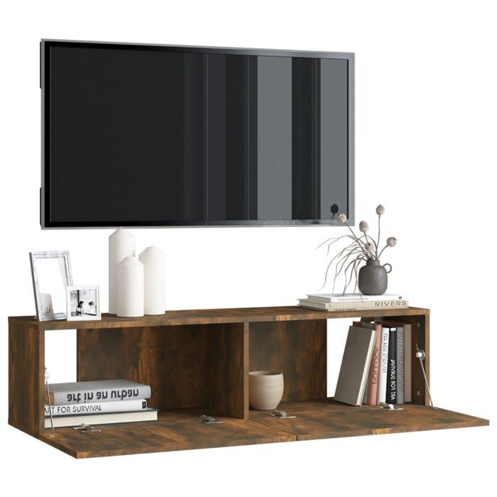 Armoire murale TV - WIENS - Chêne fumé - 120x30x30 cm - Bois dingénierie - Capacité 60 kg - 2 compartiments