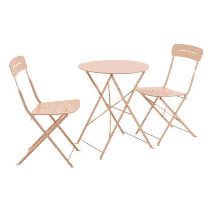 Table de jardin bistrot pliante ronde acier + 2 assises rose - Balconea