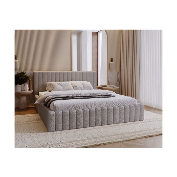 Cadre de lit avec coffre MIRNA en tissu bouclette - Gris clair - Dimensions du couchage : 140 x 200 cm