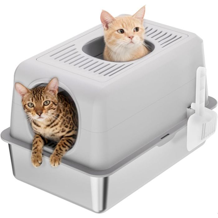 Meilleurs prix pour Litière chat inox XL 60x40x38 cm bac fermé 20 L grand WC couvert acier inoxydable nettoyage facile anti‑odeurs