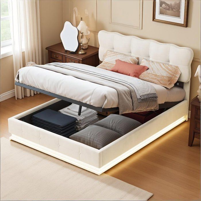 litcoffre 140 200 coffre lit 140x200 avec sommier lit adulte lit double lit à levier hydraulique avec LED velours beige