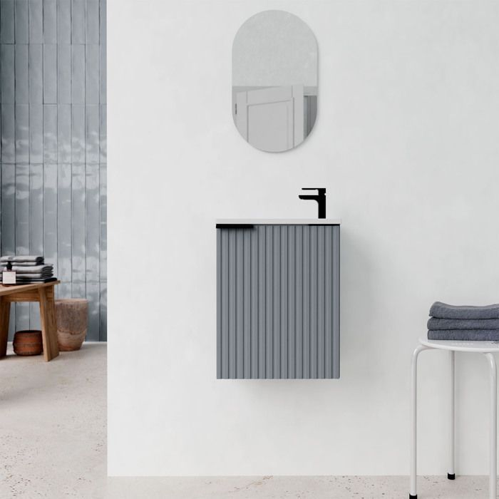 Ensemble meuble lave mains MDF ondulé gris 40x50x22cm et miroir ovale - MILO