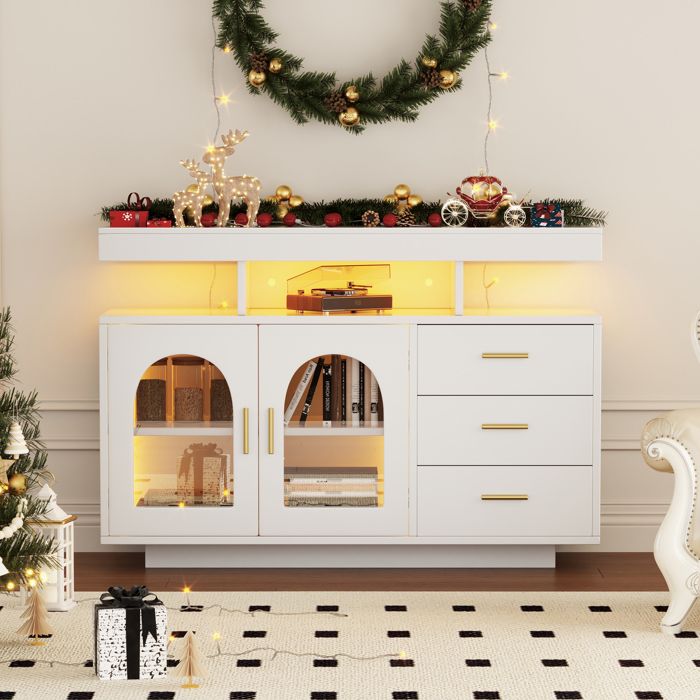 Buffet de bar à café LED - 120x40x80 cm - Blanc brillant - Panneau de particules - 3 tiroirs - 2 portes