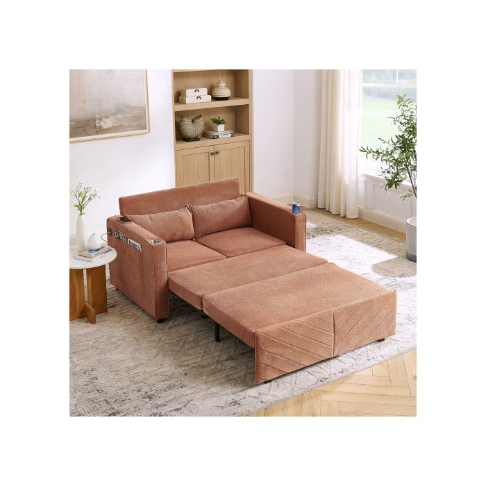 Canapé convertible 2 places 134x195x73 cm avec USB poches latérales revêtement en tissu structure en bois couleur orange