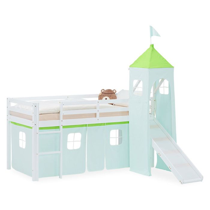 Lit mezzanine enfant 90x200 cm Blanc avec rideau Vert Toboggan Tour sans sommier