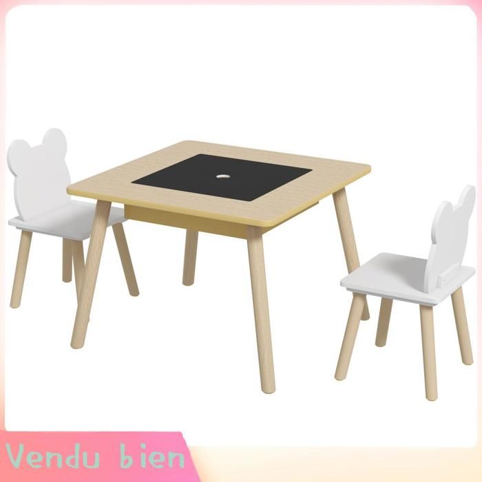 LIA Ensemble 1 table et 2 chaise 3 pièces pour enfants avec plateau réversible espace de rangement bois naturel