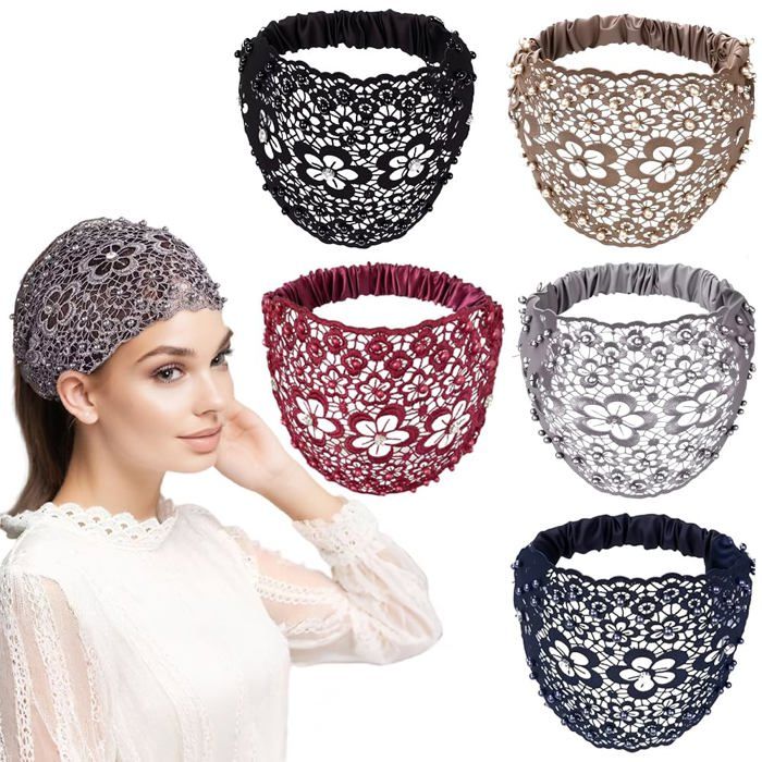 Bandeau Cheveux Femme En Dentelle Large Modèle Floral Perlé Serre-Tête Élastique Antidérapant Lot 5 PCS Taille Unique