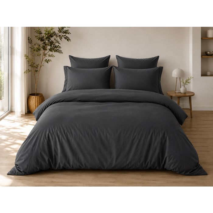 Parure de Lit Complète 240 x 220 cm Anthracite - 100% Coton 57 Fils - Drap-Housse 140x190 + 4 Taies