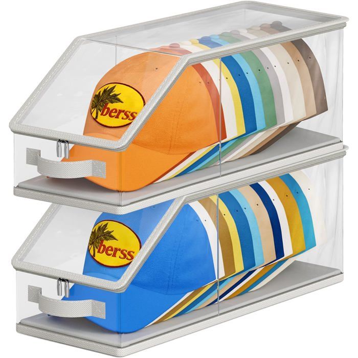 Boîte de rangement casquettes empilable 2 pièces organiseur transparent 24 casquettes fermeture zippée gris