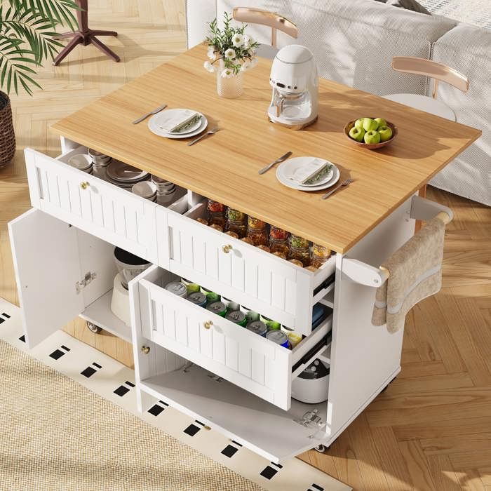 Desserte de Cuisine à 1 Abattant Rangement Multi-niveaux et Roulettes - MEUNIQ - Scandinave pour Cuisine MDF Blanc