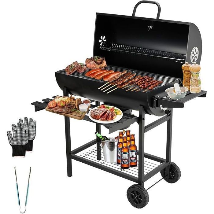 Barbecue au Charbon de Bois avec Grille de Cuisson XXL Gants Anti-Brûlures Thermomètre Tiroir à Cendres Évent Réglable(Basic)