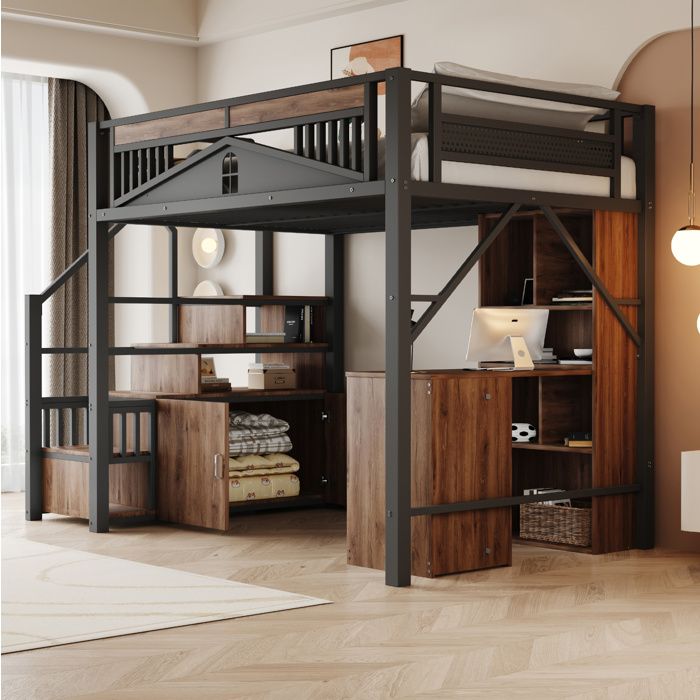 Lit mezzanine 140x200 cm en métal noir avec rangements escalier latéral et sommier à lattes