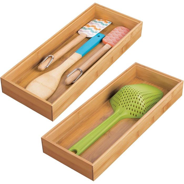 Organisateur de tiroir en bambou empilable 38 cm rangement couverts et ustensiles de cuisine lot de 2