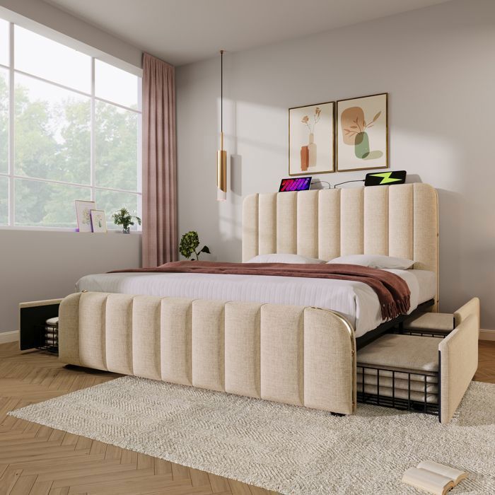 Lit double capitonné 160 x 200 cm - Avec tête de lit USB et USB C 4 tiroirs - Sommier à lattes inclus - Lin beige - JOINERY