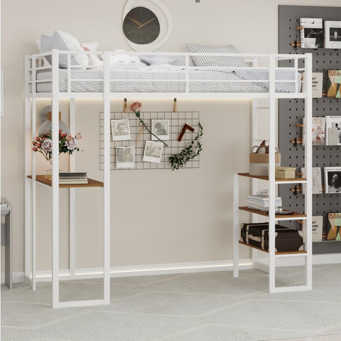 Modenuit Lit mezzanine 90x190 cm en fer blanc avec garde-corps échelle et étagères