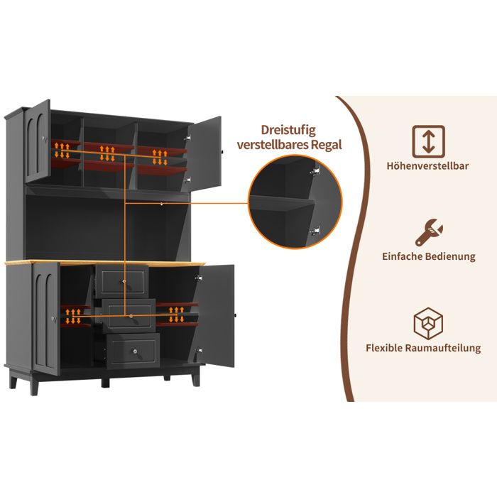 Buffet Haut 4 Portes 3 Tiroirs 1 Niche Ouverte LED et Étagères Réglables - TCQPZ - Noir et Naturel 120×40×180 cm