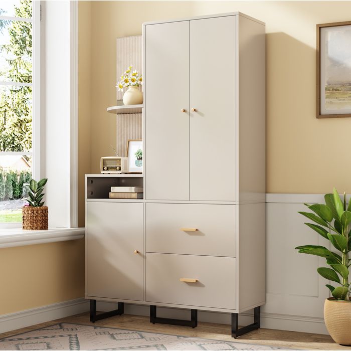 Meuble dEntrée avec Penderie Coulissante 3 Portes 2 Tiroirs et Niches Ouvertes - ELVMI - MDF Beige-Gris 110×38×186 cm