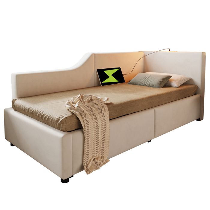 Lit banquette daybed 90 x 190 cm velours beige rangement hydraulique lampe de lecture USB-C sommier à lattes