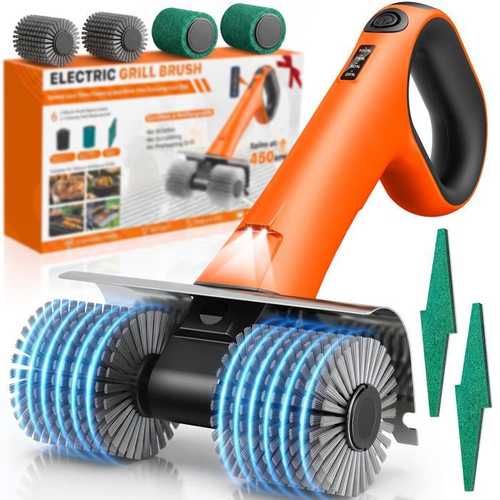 Brosse à gril élect. sans fil double tête rot. 450 tr/min LED 6 brosses rechange. Nettoie toutes grilles BBQ ext.