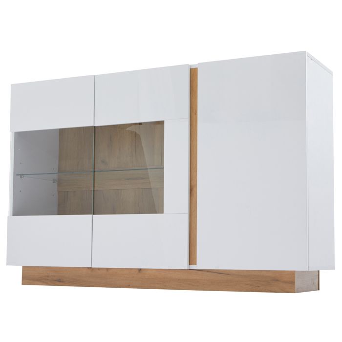 Buffet bas - 3 portes blanc brillant avec verre trempe LED RGB Bluetooth USB - 138 cm
