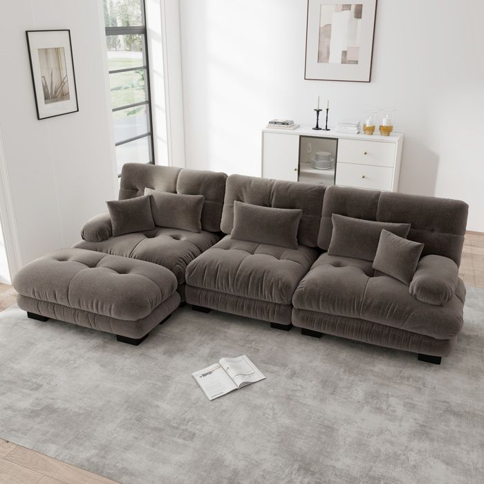WUVRIE Canapé modulable d’angle en L 3 places avec ottoman chenille marron 313 x 145 x 81 cm