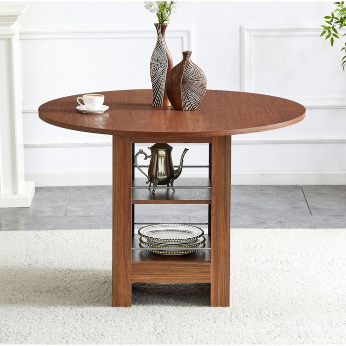 Table à manger ronde 100 cm en MDF aspect noyer avec rangements ouverts 4 à 6 personnes