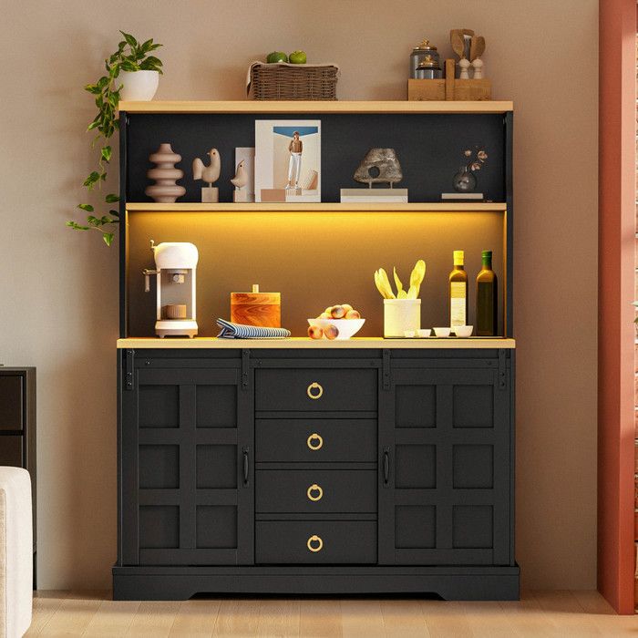Piaenon - buffet de Cuisine Armoire 120 x 40 x 150 cm avec lumières LED 4 tiroirs 2 portes prise et port USB noir.
