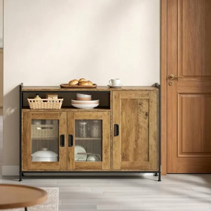 Buffet de cuisine industriel marron 110 x 33 x 75 cm avec niche ouverte portes et étagères réglables