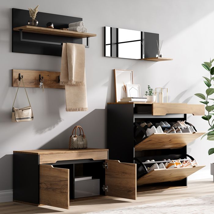 Meuble D’entrée Noir Et Bois Vestiaire Modulaire FloraGrace Pour Entrée Avec 2 Abattants Et 1 Tiroir 156x36x176cm