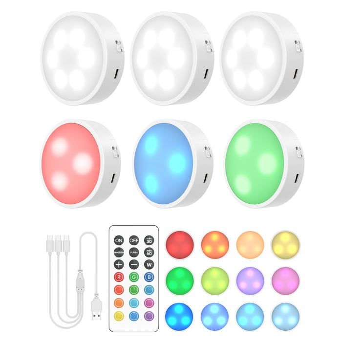 Lot de 6 lampes LED rechargeables sans fil - éclairage darmoire RGBW avec télécommande tactile format compact 8 4 cm