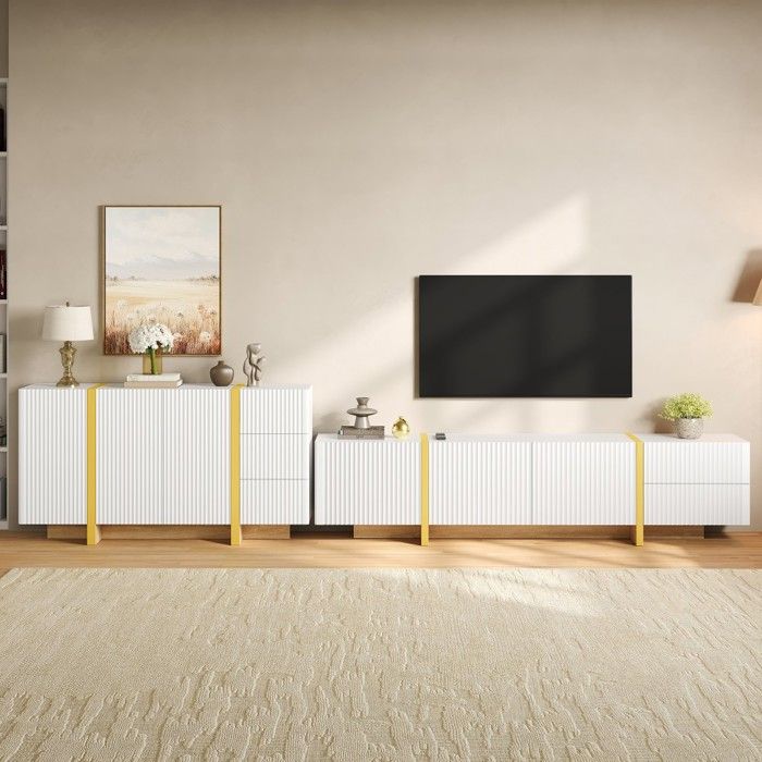 Ensemble Meuble TV et Buffet Bas Blanc en PB MDF Meuble de Rangement Salon Console Multimédia 140x36x75cm Et 190x35x45cm Ensemble Meuble TV et Buffet Bas Blanc en PB MDF Meuble de Rangement Salon Console Multimédia 140x36x75cm Et 190x35x45cm