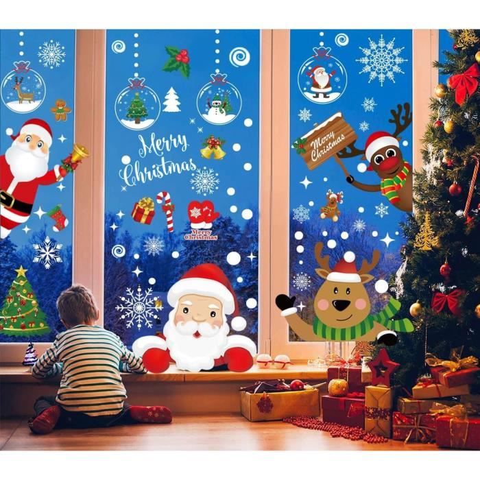 Stickers Fenêtre Noël 192 Pièces - Autocollants Electrostatiques Réutilisables - Motifs Père Noël, Sapins, Flocons - 12