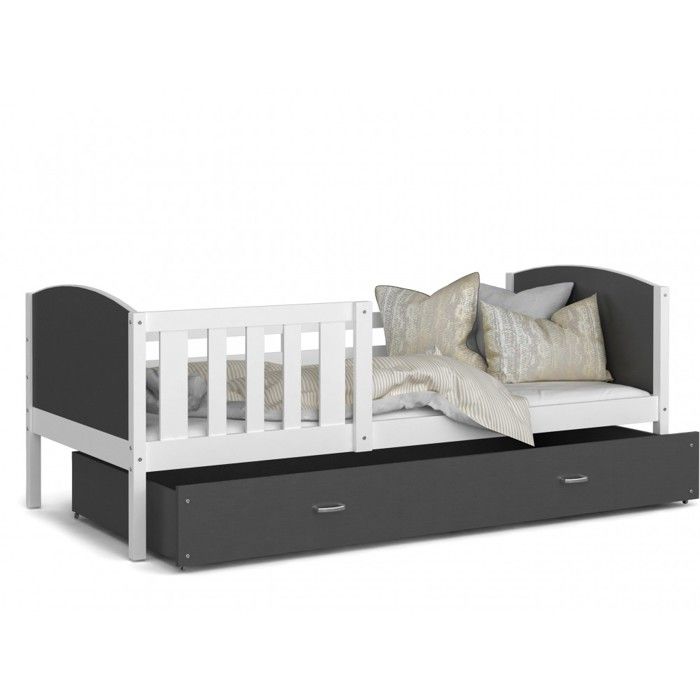 Lit enfant tomy 90x190 blanc - gris livr&eacute; avec sommiers, tiroir et matelas en mousse de 7cm