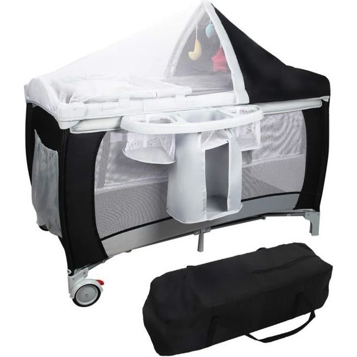 Lit Parapluie Bébé Pliable avec Matelas 3 Jouets et Sac sur Roulettes Convient aux 0-36mois Idéal pour Voyage 120x60x76 CM