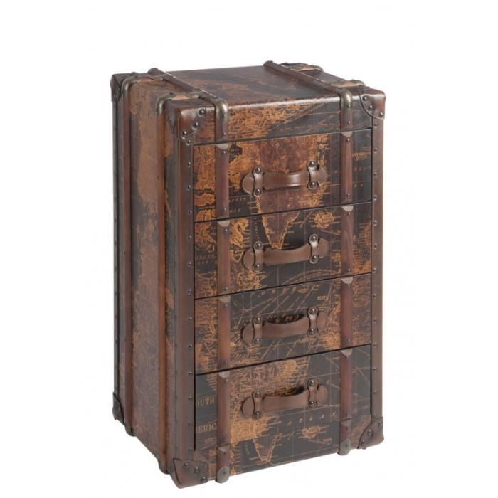 Chiffonnier 4 Tiroirs Coffre Carte Du Monde Bois Marron 52x42x85cm