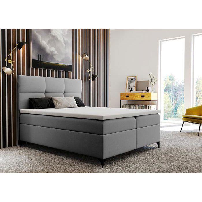 Lit adulte 200x200 cm LIMBA - avec matelas ressorts int&eacute;gr&eacute;s rangement et surmatelas - tissu velours &ndash; gris clair 