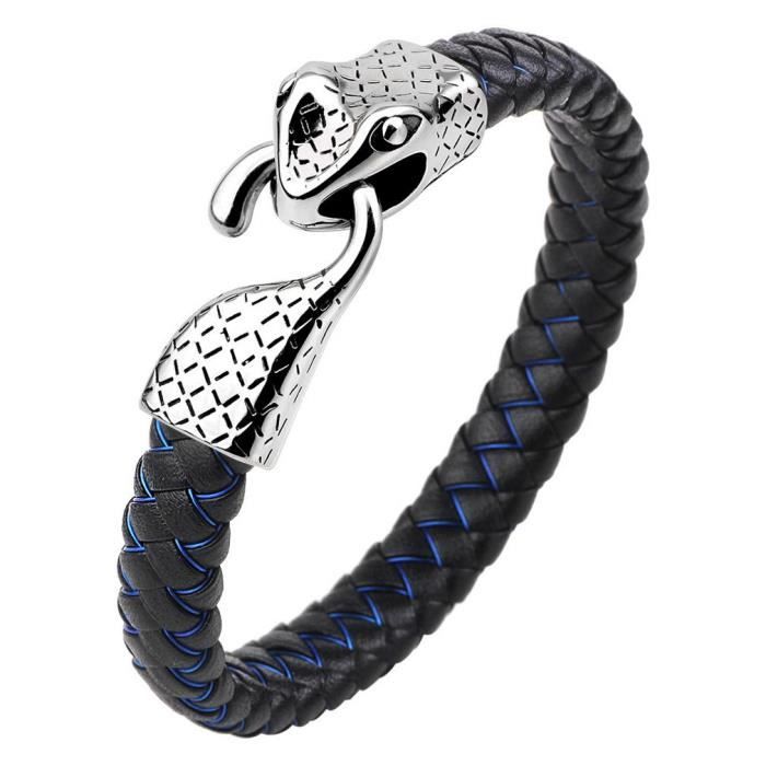 Bracelet Serpent Homme en Cuir Mode Bijoux Fantaisie Noir/Bleu Noir