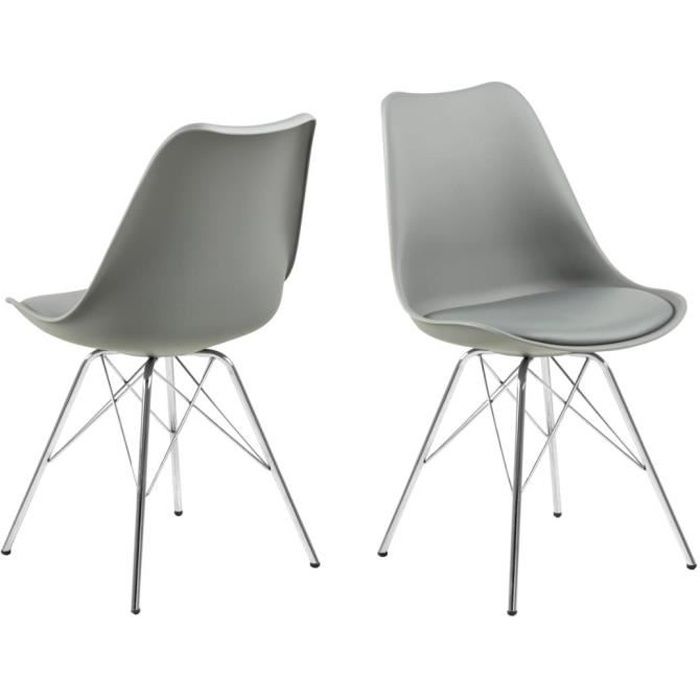 chaise coquille irma - emob - lot de 4 - siège en pu - plastique gris - pieds en métal chromé
