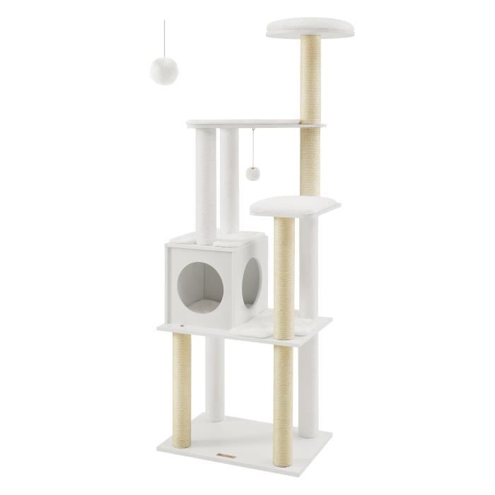 Comparer les prix de Arbre à Chat, Tour de Jeux Moderne 165 cm, avec 9 Griffoirs, Coussins Lavables et Amovibles, Plate-forme, Blanc Nuage